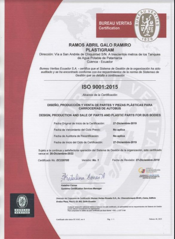 CERTIFICACIÓN ISO 9001 2015 Plastigram Cuenca Ecuador manos que